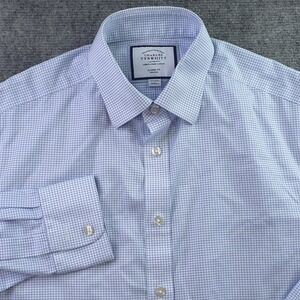 Charles Tyrwhitt Dress Shirt 15.5 33 Classic Fit Non Iron White Blue Check